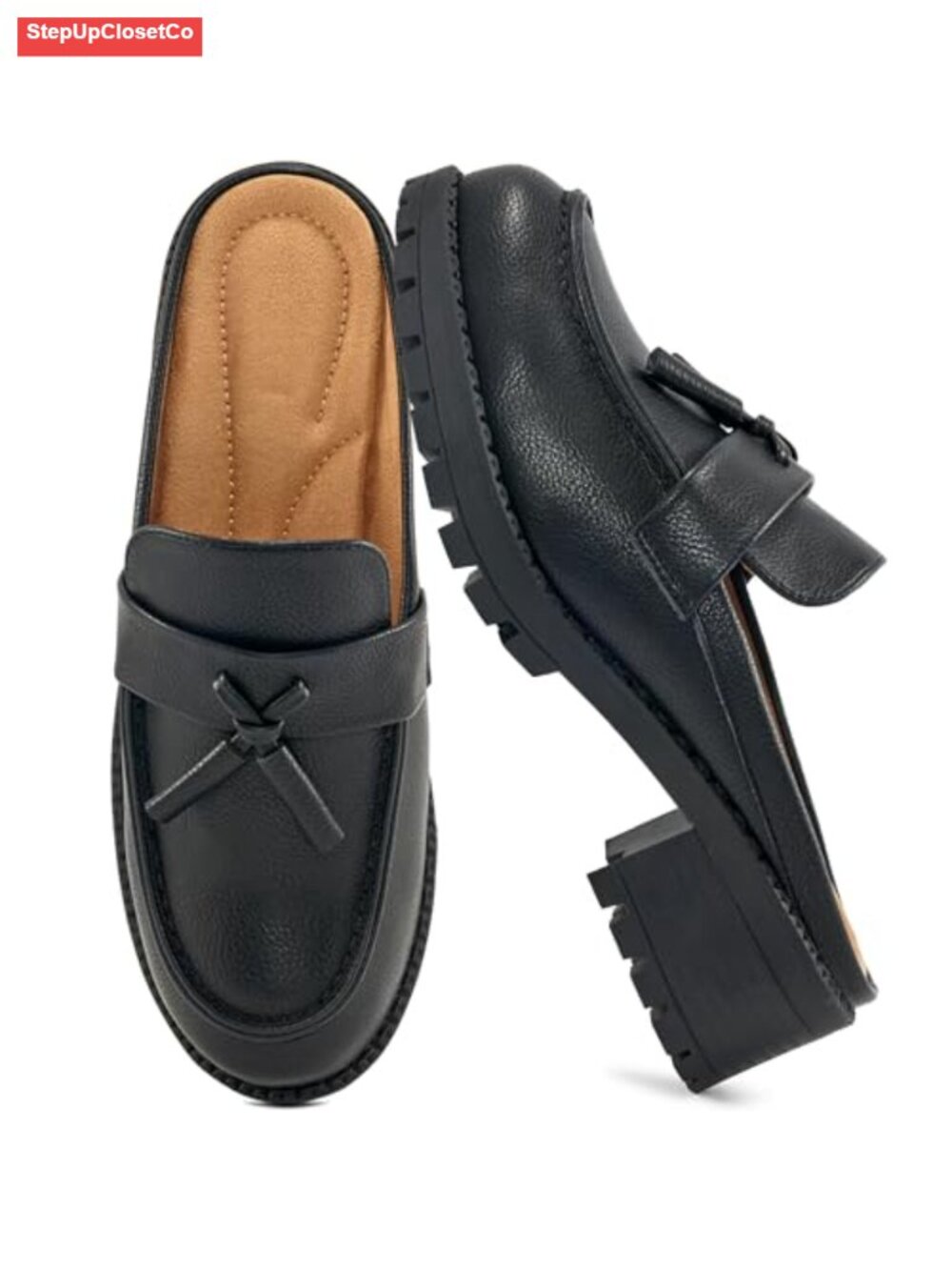 Faux Leather Mules Backless Closed Toe Slip On Chunky Heel Tassel Work Office